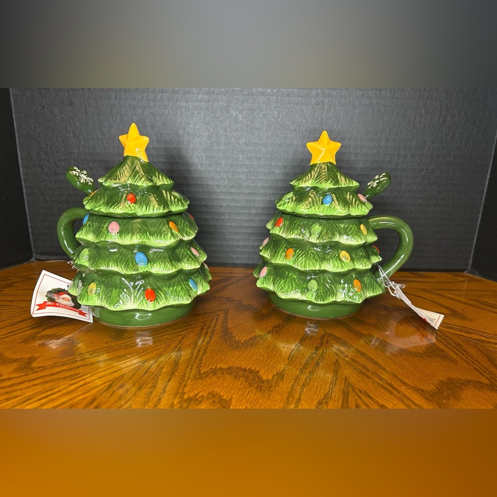 Mr. Christmas Green Nostalgic Tree Mug w/ Lid Spoon 16 oz Classic Set of 2 NEW - Picture 2 of 14